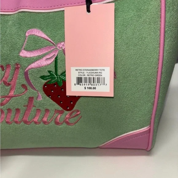 Juicy Couture Pink & Green Strawberry Embroidered NWT Retro Tote Purse Bag - Picture 3 of 6